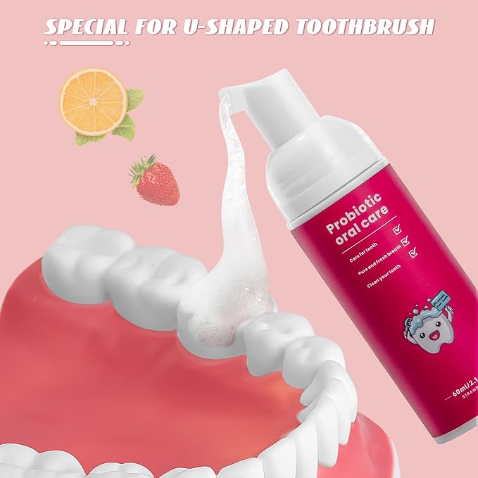 Fluoride Free Foam Kids Toothpaste - Natural Teeth Clean and Whitening Toothpaste with Mint Flavor for U Shaped Toothbrush Travel Size (2Strawberry)