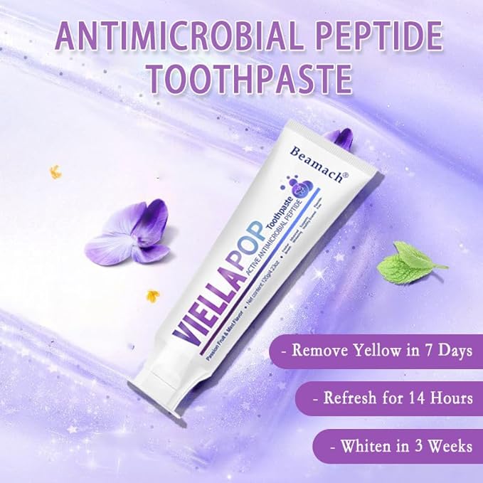 VIELLA POP Antimicrobial Peptide Whitening Toothpaste - Purple Toothpaste for Teeth Whitening | Color Correcting | Brightens Yellow | Enamel Protection | Passion Fruit & Mint Flavor (2pcs)