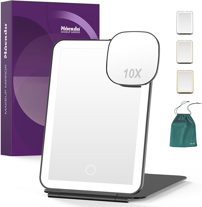 Mocado LED Foldable Travel Makeup Mirror - 5x7 inches 3 Colors Light Modes USB Rechargeable Touch Screen, Portable Tabletop Cosmetic Mirror for Travel, Cosmetic, Office (Black)