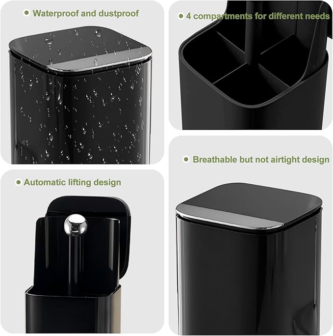 DASITON Makeup Brush Holder with Lid,4 Slots Makeup Brush Organizer,Automatic Lifting Makeup Cosmetics Organizer,for Vanity Decor,Bathroom Countertop,Dustproof Cosmetic Brushes Container(Silver-Black)