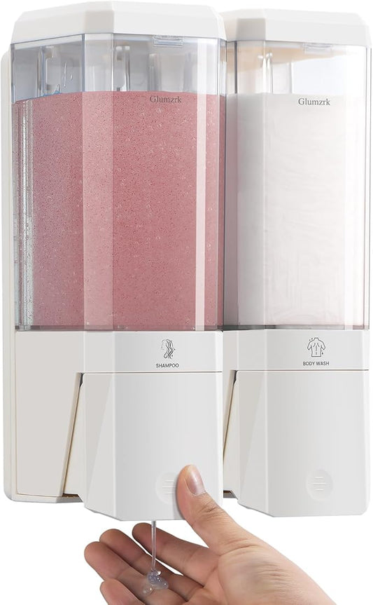 Shampoo and Conditioner Dispenser 2 Chamber No Drill Shampoo Dispenser for Shower Wall Mounted Shower Soap Dispenser 2 * 500ml Refillable Shower Dispenser for Bathroom Hotel,White