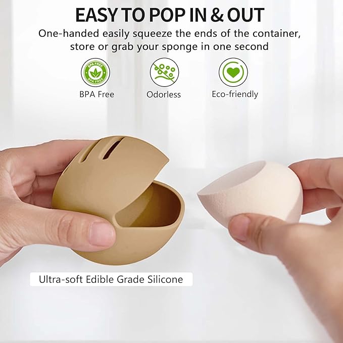 Makeup Sponge Holder, Dual-Vented Silicone Beauty Blender Holder for Travel, Shatterproof Make Up Sponge Travel Case for All Sponges Sanitary Carry, Khaki*1