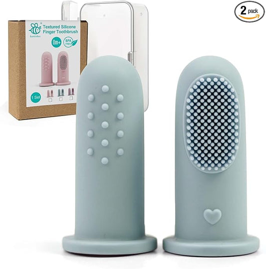 BumbleBee Silicone Baby Finger Toothbrush, Oral Cleaning & Teething Brush for Infants & Toddlers, 0 Months+, 2 Count with Travel Storage Case - Misty Blue