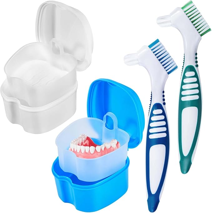 2 Pack Denture Bath Case Cup Box Holder Storage Container with Denture Cleaner Brush Strainer Basket for Travel Cleaning (White and Light Blue)
