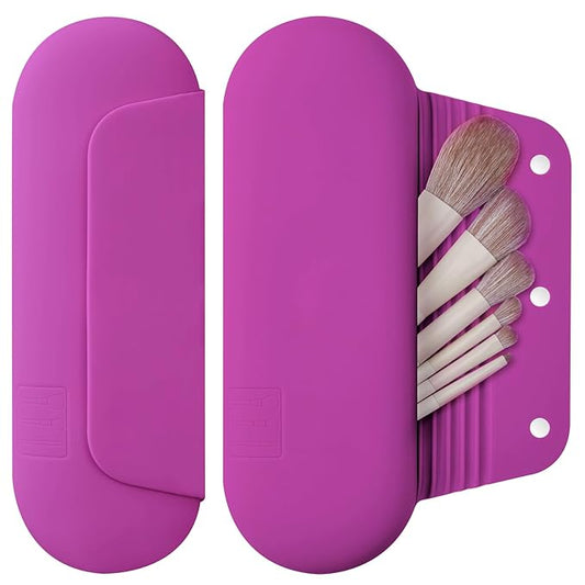 Silicone Makeup Brush Holder Travel Cosmetic Bag：Soft Portable Cosmetic Face Brushes Holder with Upgrade Anti-Fall Out Magnetic Closure, Large Travel Makeup Brush Case - Bright Pink