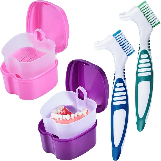 2 Pack Denture Bath Case Cup Box Holder Storage Container with Denture Cleaner Brush Strainer Basket for Travel Cleaning (Pink and Purple)