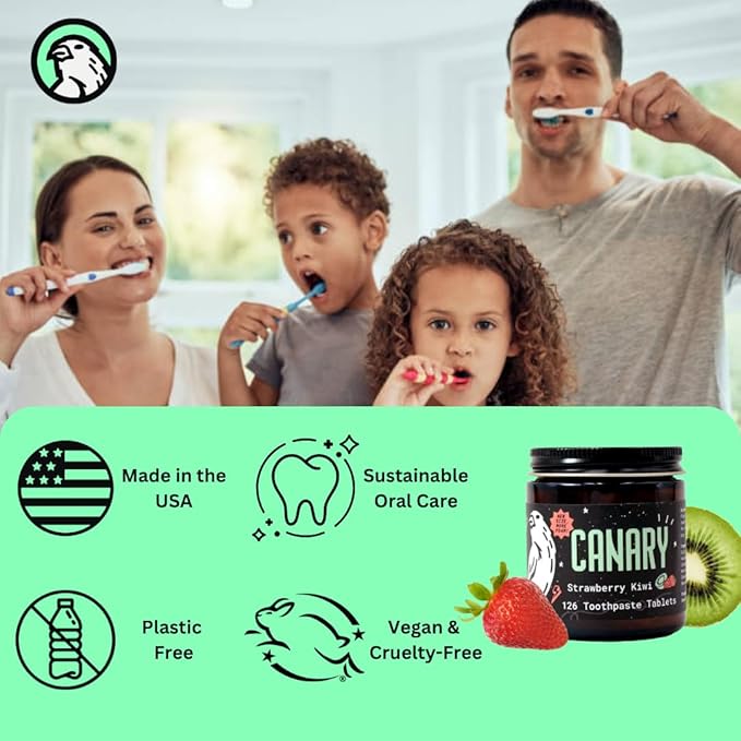 Canary Nano Hydroxyapatite Toothpaste Tablets Strawberry Kiwi - Remineralizing, Fluoride Free, All Natural Tabs with Xylitol - Great for Kids, Plastic Free - 126 Count