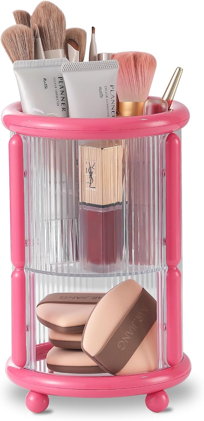 Makeup Brush Holder, 2 Tier Clear Cosmetic Tools Organizer, Round Makeup Organizer for Vanity Countertop (Rose Red)