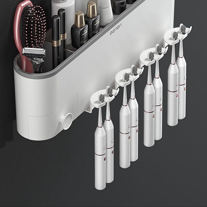No-Drill Wall Mounted Toothbrush Holder, Bathroom Shelf, with 1 Automatic Toothpaste Dispenser 8 Brush Hooks Cups 1 Cosmetic Drawer Organizer and Large Storage (1 Dispenser + 4 Cups)