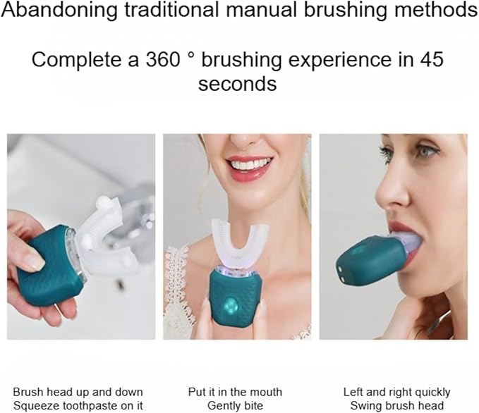 Scandinavian Smiles U-Shaped Electric Toothbrush, 360° Full Coverage Silicone Bristles with 3 Speed Modes for Gentle Cleaning (Blue-a)