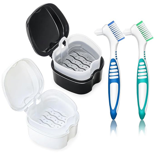 Denture Bath Case Retainer Cleaner Case with Strainer Basket, Denture Cup Dental Retainer Holder Case for Soaking Mouthguard Cleaning Storage Box Case - Black and White