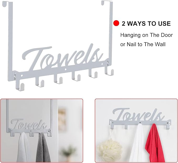 Over The Door Hooks, Towel Rack for Bathroom Towel Holder for Hanging Heavy Duty, Wall Mount Towel Hanger with 6 Hooks for Bedroom Bathroom Kitchen Towels, Bag, Coats, Hats - Silver