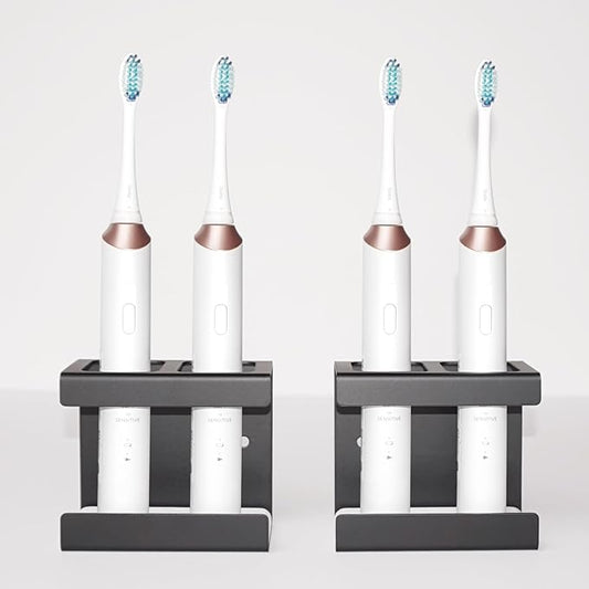 Set of 2 Electric Toothbrush Holder Wall Mounted, 18/8 Stainless Steel Toothbrush Stand with Diatomite Dish, 3M Self Adhesive Toothbrush Storage Rack for Bathroom (Black)