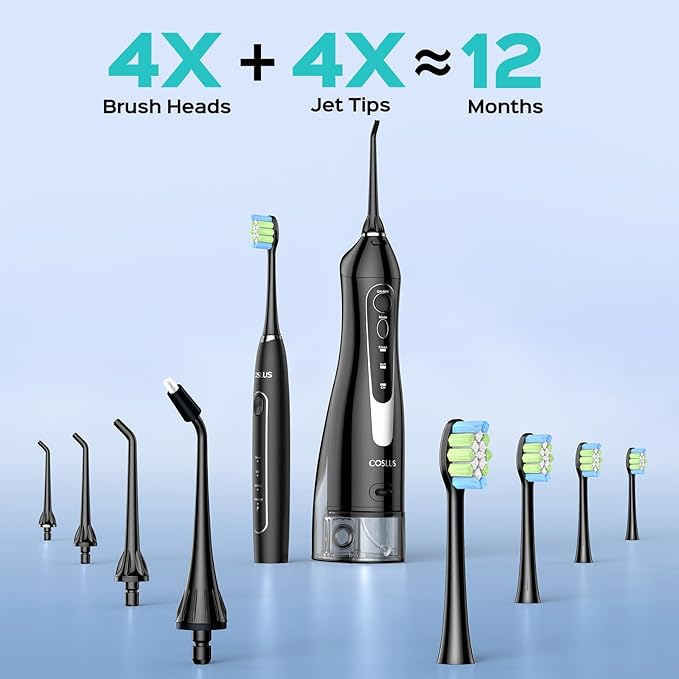 COSLUS Portable Water Flosser with Electric Toothbrush Combo: 2-in-1 Oral Clean Kit for Teeth, Braces, Gums Care - Brushing & Flossing for Adults, Family, Travel Use, BPA-Free, Black, C20 & C41