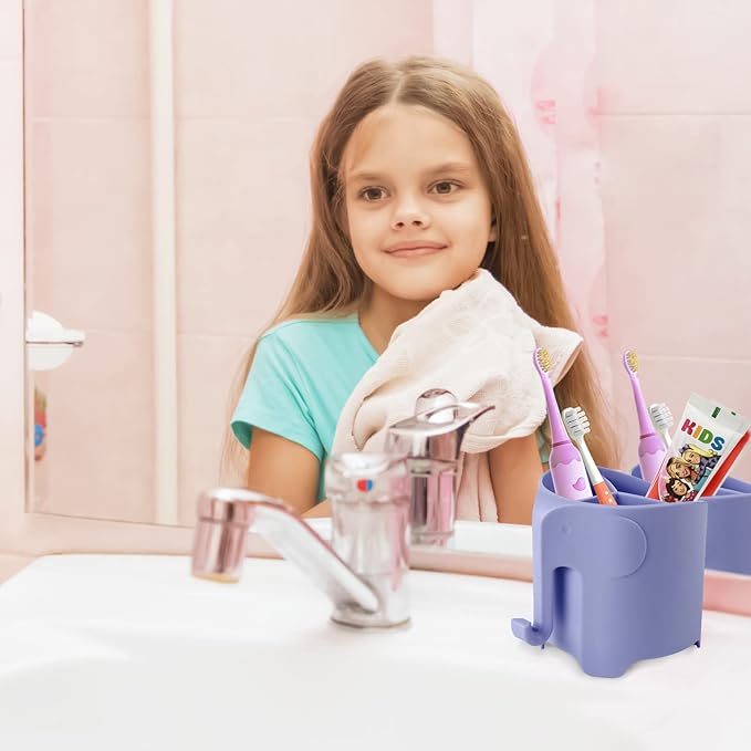 RyanLemon Elephant Toothbrush Holder for Kids, Suction Cup Electric Toothbrush and Toothpaste Holder for Toddler, Cute Toddler Toothbrush Holder with 3 Slots and a Hook for Hanging Bath Ball, Purple