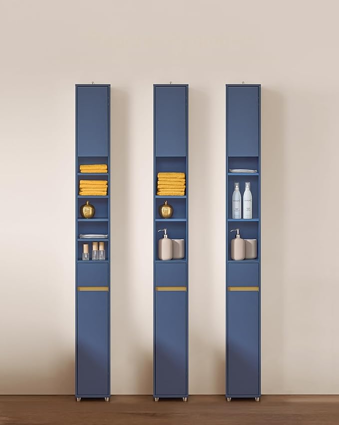 SoBuy Bathroom Narrow Storage Cabinet Skinny Tall Unit with Adjustable Shelves Slender Anti-Tipping Floor Standing Cupboard, Blue BZR34-B