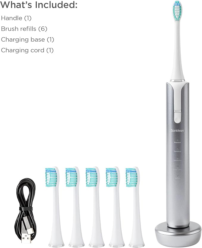 Soniclean Lux Sonic Toothbrush for Adults with 6 Toothbrush Heads, Rechargeable, Automatic, Sonic, Platinum