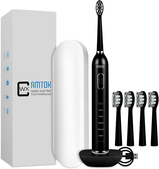 CWX Sonic Electric Toothbrush Wireless Fast Charging, 5 Cleaning Modes, 3 Intensity Settings, 60 Days Battery Life, 2 Min Smart Timer, 4 Brush Heads & Travel Case IPX7 Waterproof