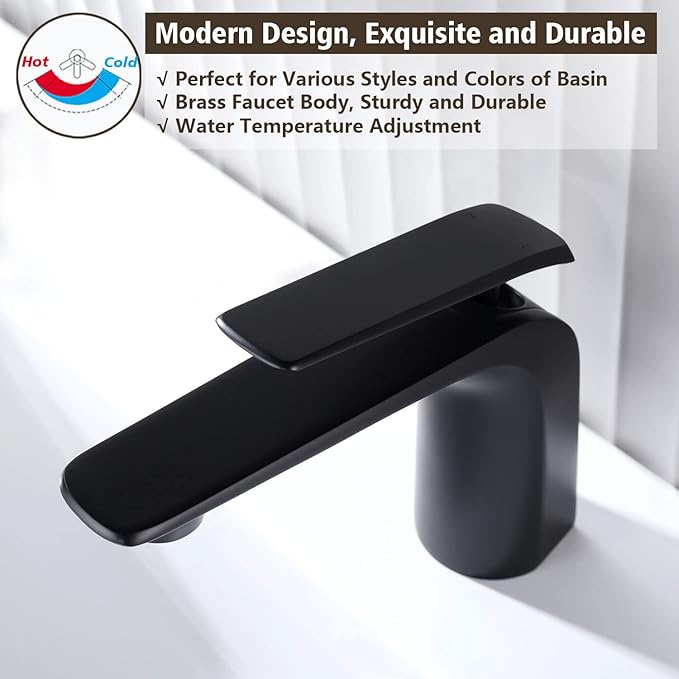 TOCALOCA Black Bathroom Sink Faucet, Matte Black, Modern Design, Single Handle, 1 Hole, Brass, Ceramic Disc Valve, Deck Mount, Aerated Non-Splashing Stream