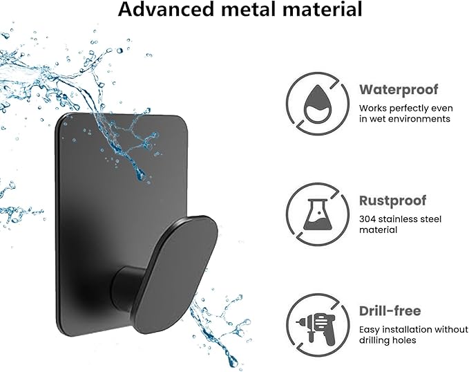 4-Pack Stainless Steel Adhesive Hooks,Multi-Purpose Adhesive Wall Hooks for Towel/Keys/Bags,Ideal for Bathroom & Kitchen and RV Accessories (Matte Black)