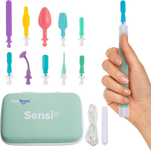 TalkTools Sensi Rechargeable Oral Sensory Therapy Tool with Soft Sensi Jaw Tips – 10-Piece Adjustable Sensory Stimulation Set for Oral Motor Awareness & Feeding Skill Development –Green