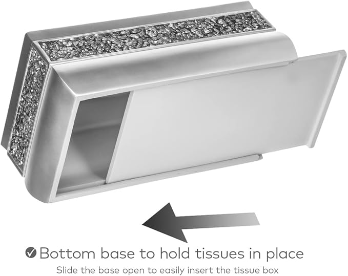 Crackled Glass Silver Tissue Box Cover Rectangular - Decorative Bling Tissue Box Holder with Beautiful Mosaic Glass - Elegant Tissue Holder for Bathroom with Durable Bottom Slider (Silver Collection)
