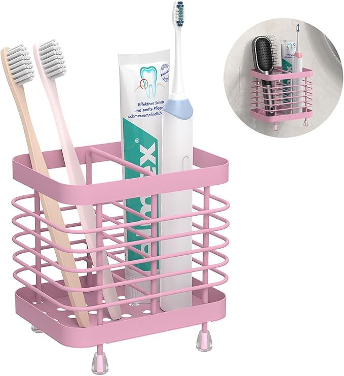 Luxspire Toothbrush Holders for Bathroom, Stainless Steel Electric Toothbrush Holder Wall Mounted, Shower Toothbrush Toothpaste Holder, Bathroom Organizer Essentials, 2 Slots, Pink
