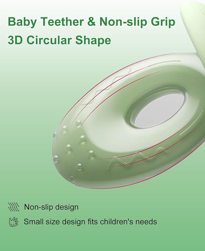 Baby Toothbrush & Teether for Infant and Toddler, Silicone Baby Oral and Tongue Cleaner, Ultra Soft Infant Training Toothbrush with Travel Case, Adjustable Safety Shield - Green