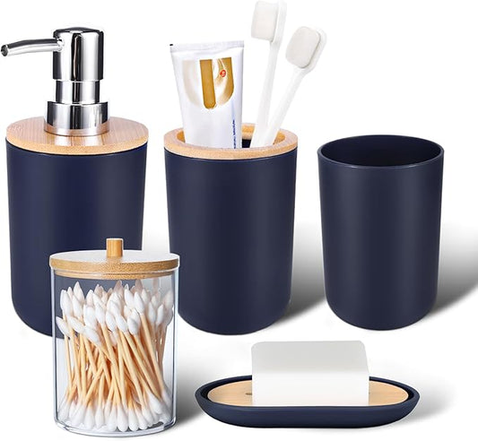 iMucci Bathroom Accessories Set 5Piece Navy Blue Bathroom Sets, Toothbrush Holder, Toothbrush Cup, Lotion Soap Dispenser, Soap Dish and Qtip Holder Bathroom Decor