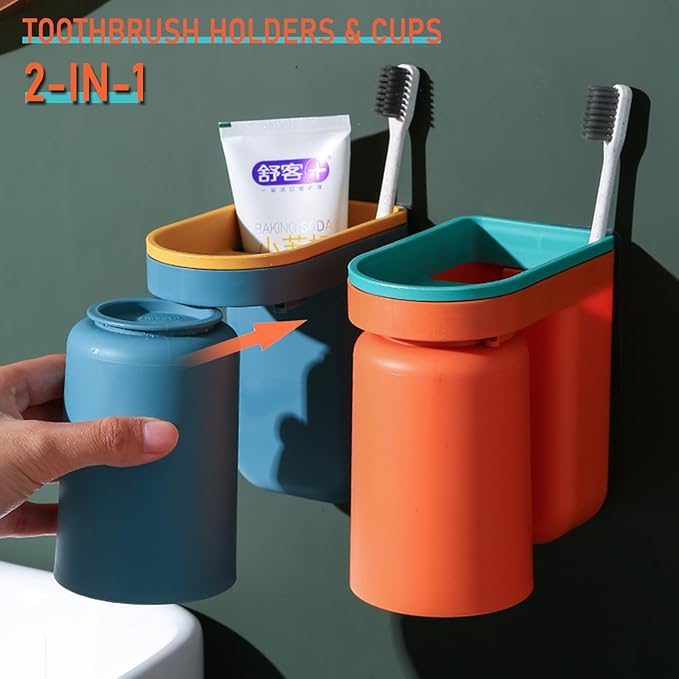 Toothbrush Holder Wall Mounted with Cup,2-in-1 Toothbrush Holders & Cups Set,Inverted Design for Easy Cleaning and draining,Stick-on Toothbrush Holder for Bathroom (Green+Yellow)