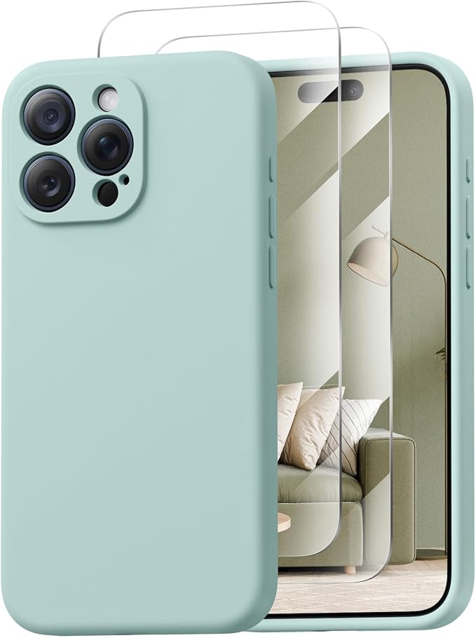 Magnetic for iPhone 15 Pro Case, Compatible with MagSafe, with 9H Nano Screen Protectors, Full Camera Protection, Silicone Shockproof Microfiber Lining Phone Case 6.1", Mint Green