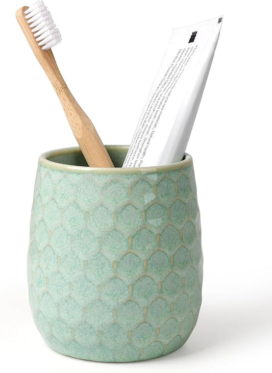 Toothbrush Holder, Tooth Brush Holder for Bathroom - Ceramic Toothbrush Cup Toothbrush Holders Countertop, Green Makeup Brush Holder Pen Holder, 3.62" x 3.62" x 3.93", ANTIS'S HOME