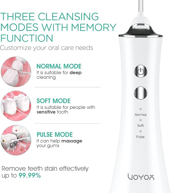 VOYOR-HEALTH Water Dental Flosser for Teeth Cordless, Portable Oral Irrigator with 3 Modes 4 Tips, IPX7 Waterproof Rechargeable Electric Flosser for Teeth Deep Cleaning for Travel Home WF300 (Blue)