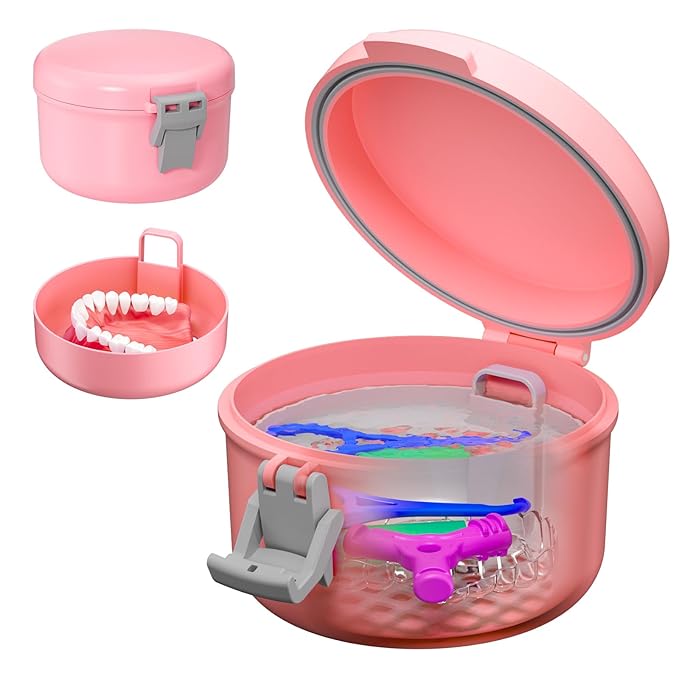 Denture Cleaning Case, Leak Proof Denture Cup for Travel, False Teeth Container for Soaking Dentures & Retainer, Retainer Cleaner Case, Pink + Silver Gray.