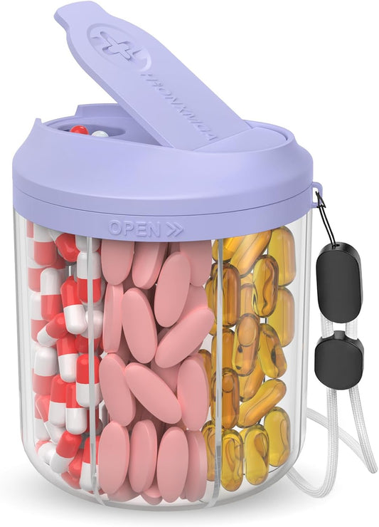 Pill Dispenser with 7 Large Compartments, 4.4" H x 3.6" Dia Pill Bottle Organizer for Travel, Supplement Organizer with Anti-Mixing Design, BPA-Free Pill Container with 20 Pcs Labels Purple