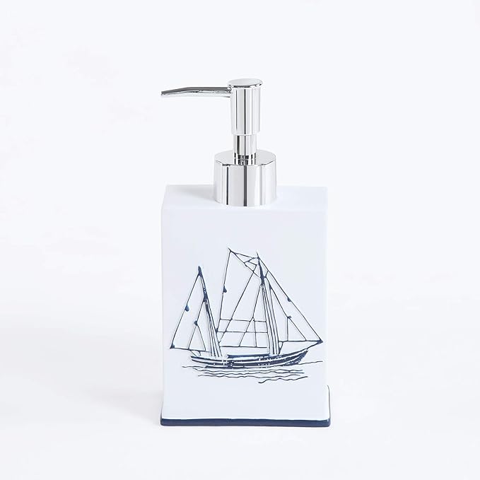 Bathroom Accessories Set 5 Pcs - Soap Dispenser, Toothbrush Holder, Bathroom Tumbler, Soap Dish, Beach Nautical Bathroom Decor - White/Blue