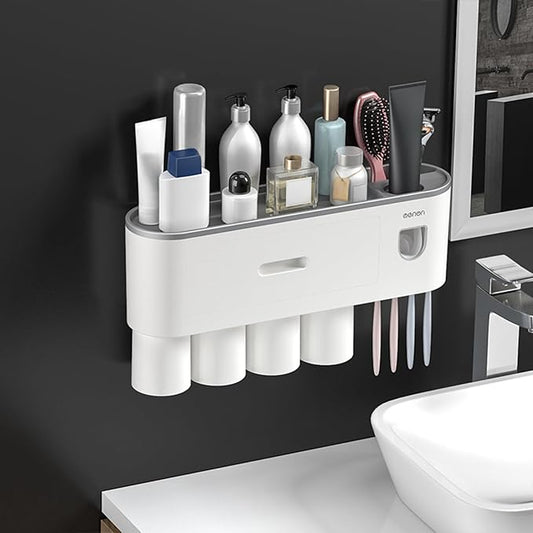 No-Drill Wall Mounted Toothbrush Holder, Bathroom Shelf, with Automatic Toothpaste Dispensers 4 Brush Hooks 4 Magnetic Cups 1 Cosmetic Drawer Organizer and Large Storage (1 Dispenser 4 Cups)