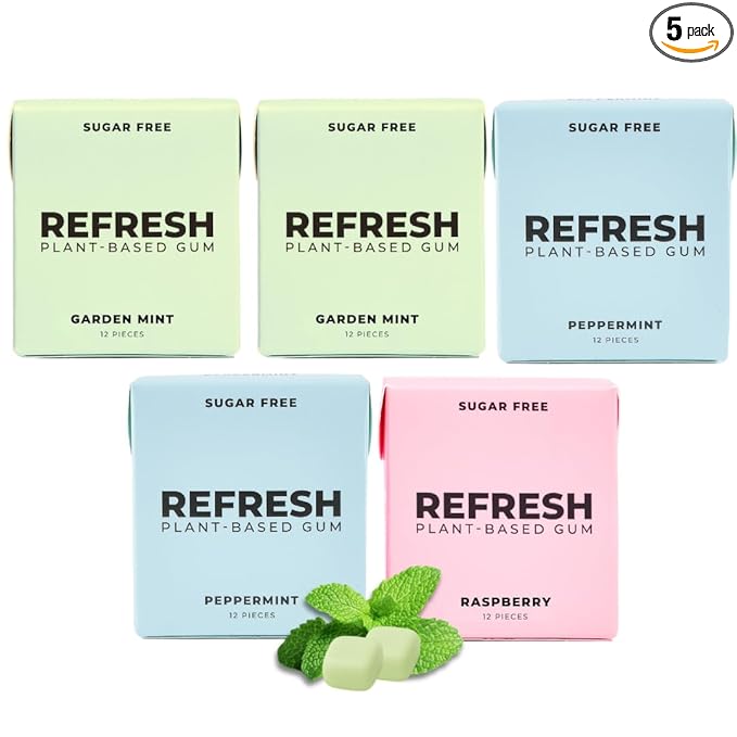 Refresh Gum, Xylitol, Natural, Sugar Free, Chewing Gum, Plastic Free, Natural Flavors & Organic Ingredients, Non GMO, Gluten Free, Vegan, 12 Count (Pack of 5), Variety Pack