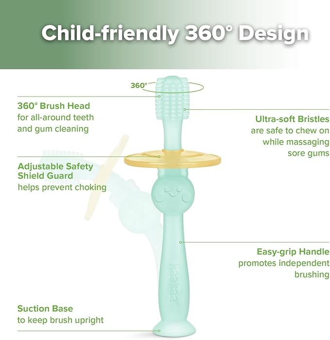 Haakaa 360 Food Grade Silicone Baby Toothbrush - 6M+ With Shield & Base Design, 1pc (Blue)