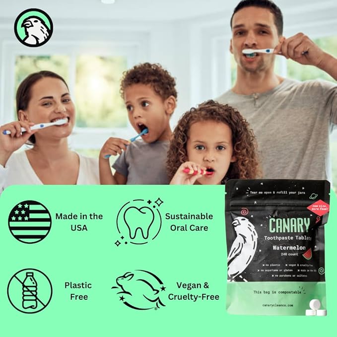 Canary Nano Hydroxyapatite Toothpaste Tablets Watermelon- Remineralizing, Fluoride Free, All Natural Tabs with Xylitol - Great for Kids, Plastic Free - 189 Count