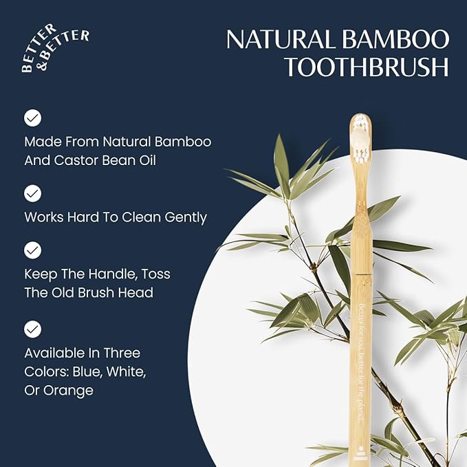 Better & Better Natural Bamboo Toothbrush | Soft Bristles | 100% Plant-Based | Reusable Handle and Replaceable Brush Head | Eco-Friendly, Zero Plastic | Adult Size (Toothbrush, Blue, White & Orange)