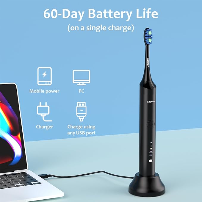 Lächen Electric Toothbrush for Adults – Sonic Rechargeable, 5 Modes & Smart Timer, Travel Case & Wireless Charging, 4 Brush Heads, IPX7 Waterproof (Black)