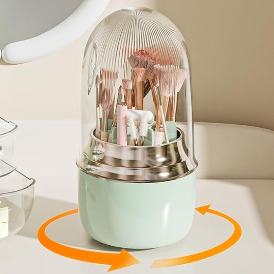 Makeup Brush Holder for Vanity - 360 Rotating Makeup Brush Organizer (Thicken Upgraded), Toothbrush Holder with Cover, Cosmetic Organizer (Green)