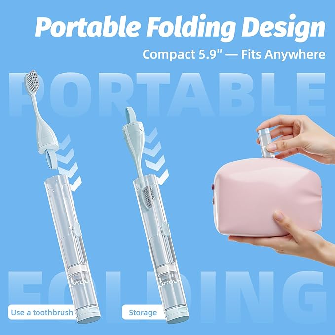 Folding Travel Toothbrush Set, Foldable Travel Toothbrush Kit with 2 Soft Brush Heads, Traveling Size Tooth Brush with Built-in Toothpaste Container for Hiking, Camping, On The Go (Blue)