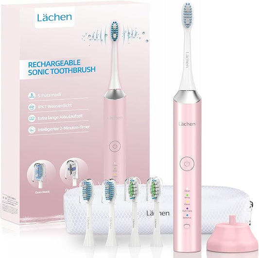 Lächen Electric Toothbrush for Adults – Sonic Rechargeable, 5 Modes & Smart Timer, Travel Case & Wireless Charging, 4 Brush Heads, IPX7 Waterproof (Pink)