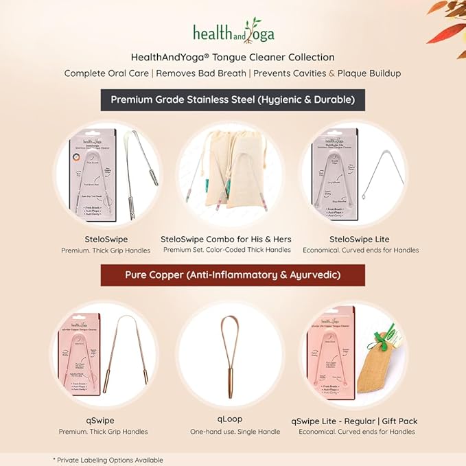 HealthAndYoga™ qLoop Copper Tongue Cleaner - Easy One Hand Use - Larger Surface Coverage - Ayurvedic Copper Health for Fresh Breath and Total Oral Hygiene (Set of 2)