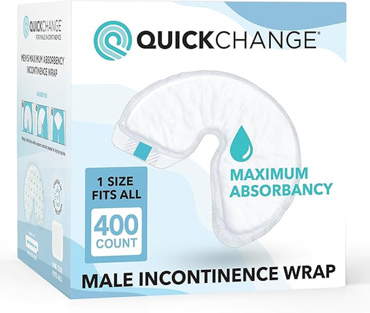 QuickChange Men’s Overnight Adult Incontinence Wrap (Pad) for Men with Reduced Mobility, Maximum, Holds 17oz Dry to The Touch, Disposable, One Size Fits All, Catheter Replacement,400 Count