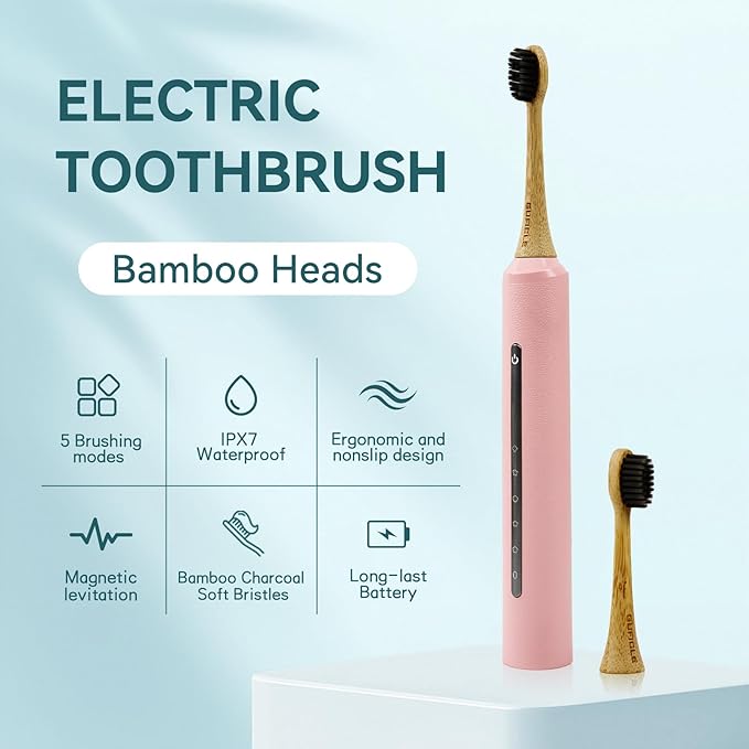 Bamboo Electric Toothbrush for Adults丨Rechargeable Electric Toothbrush with 3 Non Toxic Charcoal Infused Bamboo Brush Heads, 5 Cleaning Modes, 60 Days Battery Life, IPX7 Waterproof-White