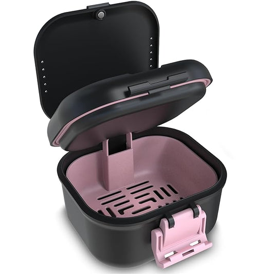 BVN Leakproof Denture Cup, Upgraded Carrying Storage, Denture Bath Box with Filter, Denture Cup for Soaking Dentures, Travel Retainer Cleaning Case (Black+Pink).