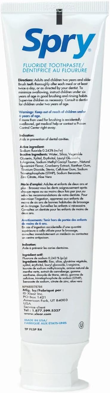 Spry Xylitol Toothpaste with Fluoride, Natural Spearmint, Anti-Cavity, 5 oz (3 Pack)